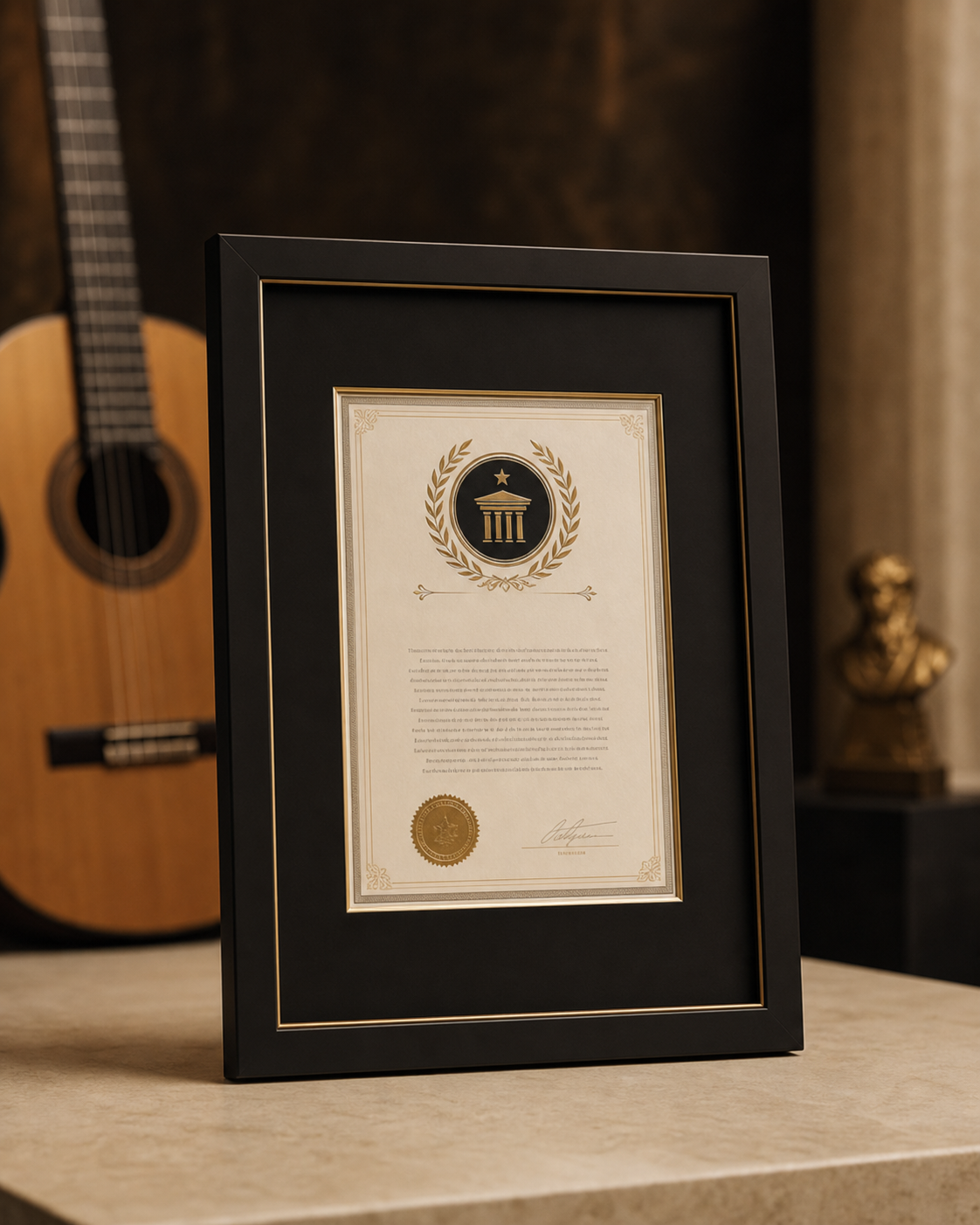 Framed world record style certificate beside a classical guitar