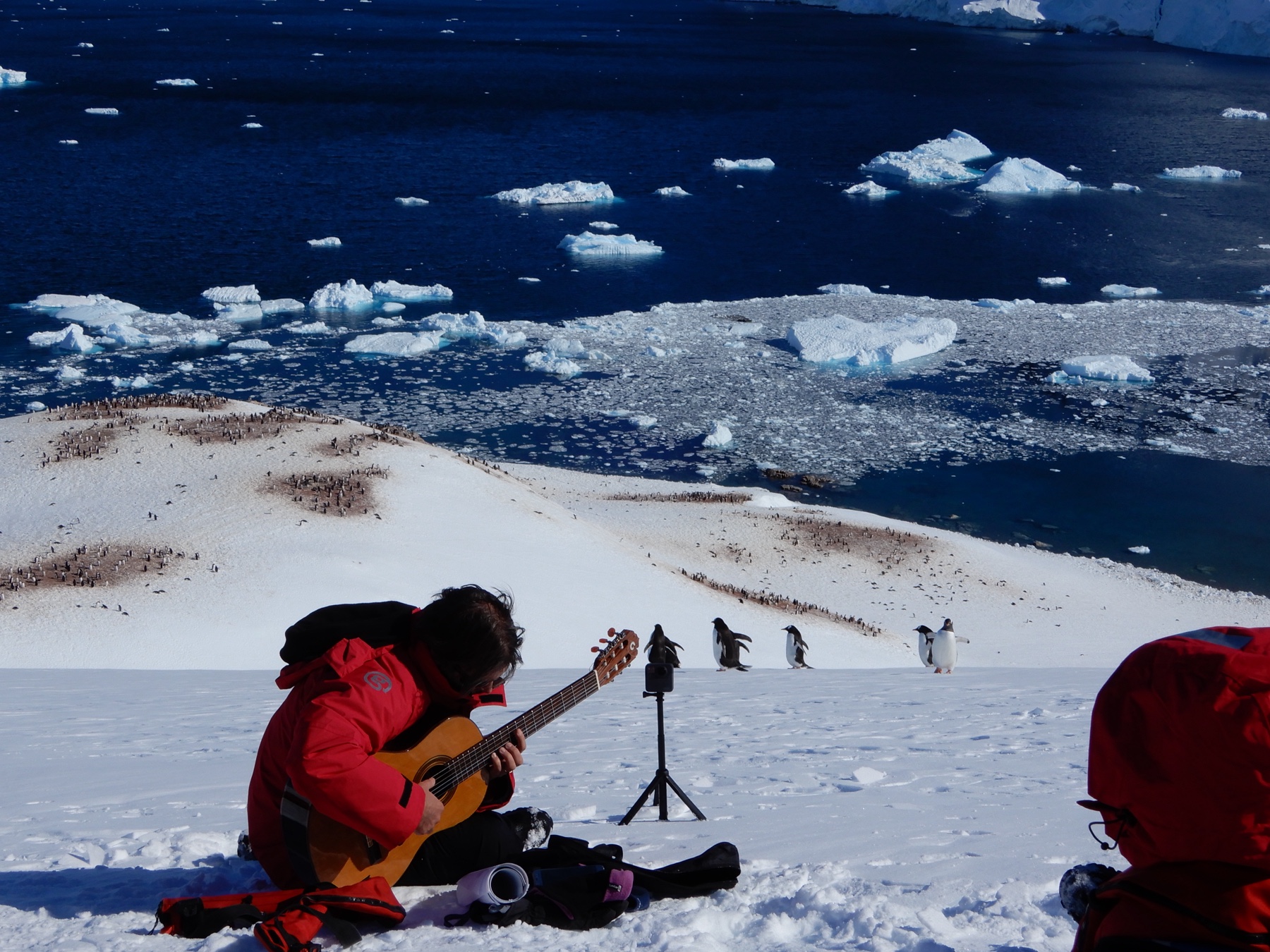 Rafael Serrallet performing guitar in Antarctica